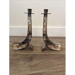Eilon‎ Mosaics MCM Hammered Copper Holy Land Stone Candlesticks Shabbat 10.5"